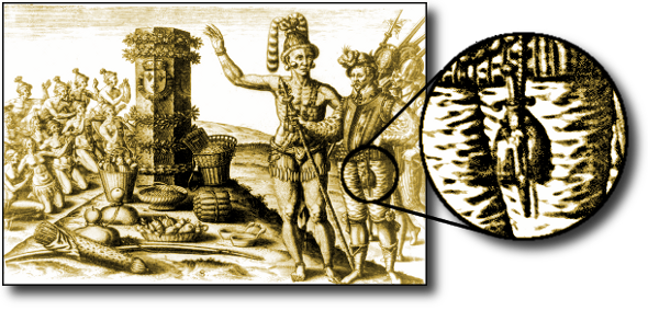 Le Moyne engraving showing French colonists in Florida with left-hand daggers