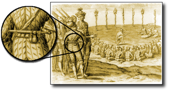 Le Moyne engraving showing a battle scene with soldiers using left-hand daggers