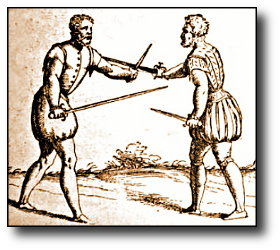 Engraving showing a Spanish swordsman with a left-hand parrying dagger